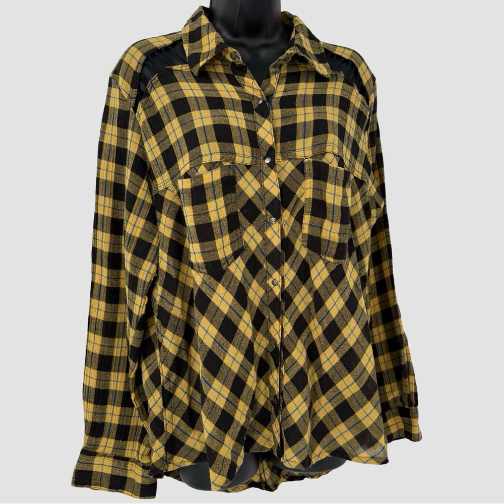 Free People Mixed Plaid Snap Front Strappy Shoulder Shirt | Yellow/Black | Small